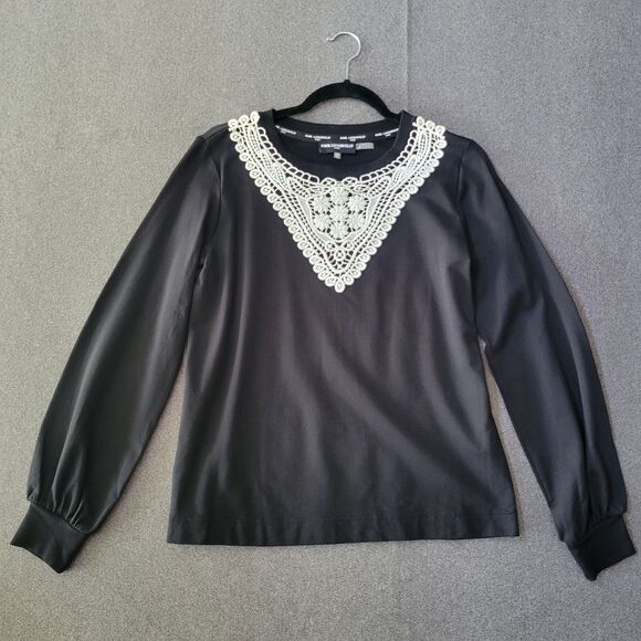 Karl Lagerfeld XS Black White Crochet Neckline Long-sleeved Shirt Blouse 826 - Picture 1 of 9